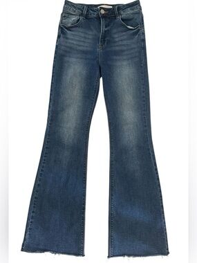 Risen High Rise Flare Jeans Raw Hem Medium Wash Size 3/26